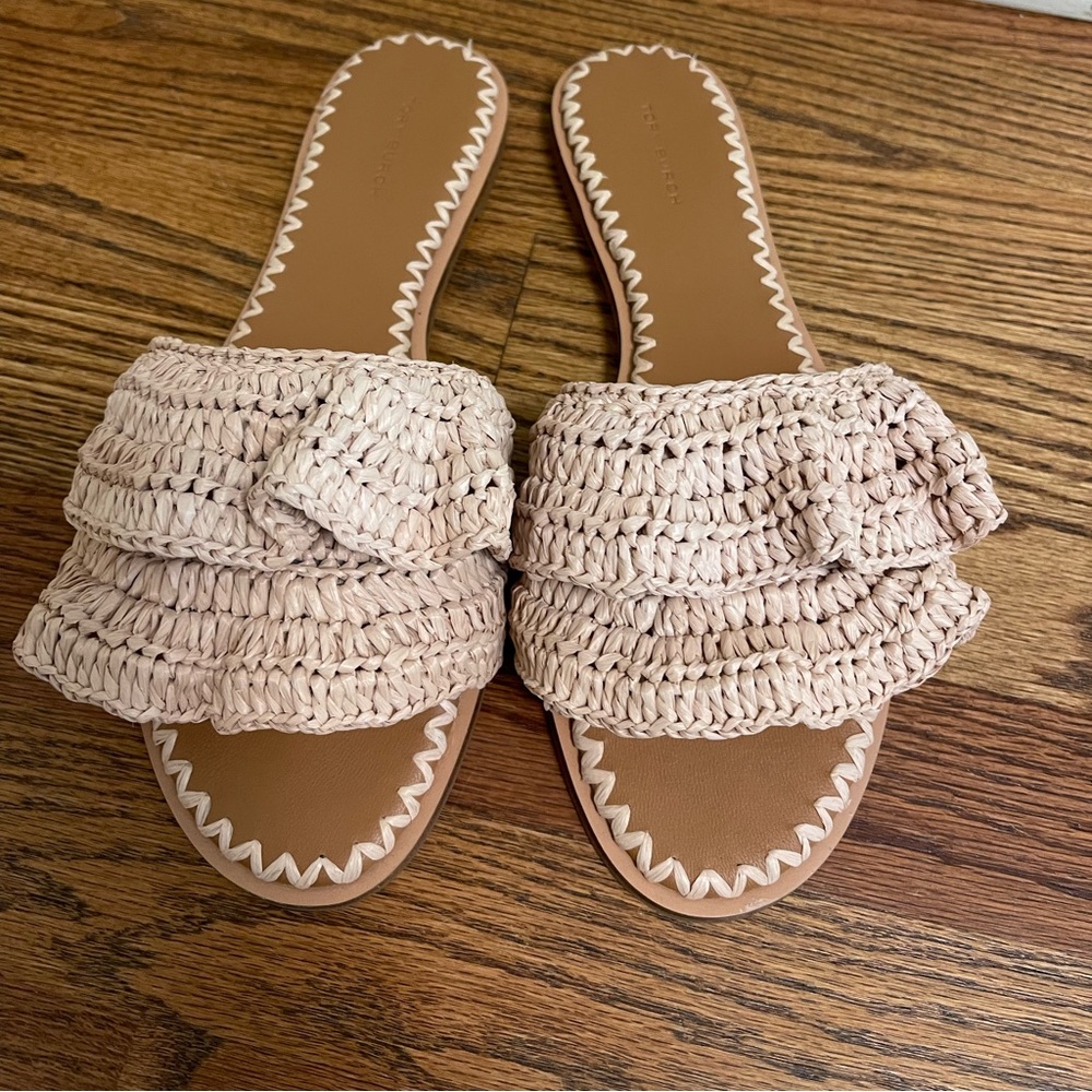 Tory Burch Pink Raffia Slides